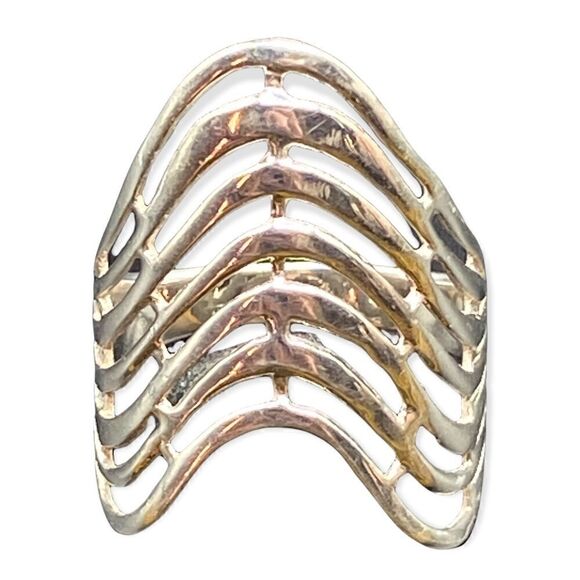 925 Sterling Silver Italy Wavy Design cage style V-Style Wide Ring Size 6.5-6.75 - Picture 7 of 10